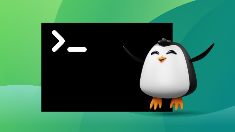Linux terminal beginner course image where a 3d penguin is jumping in front of the terminal